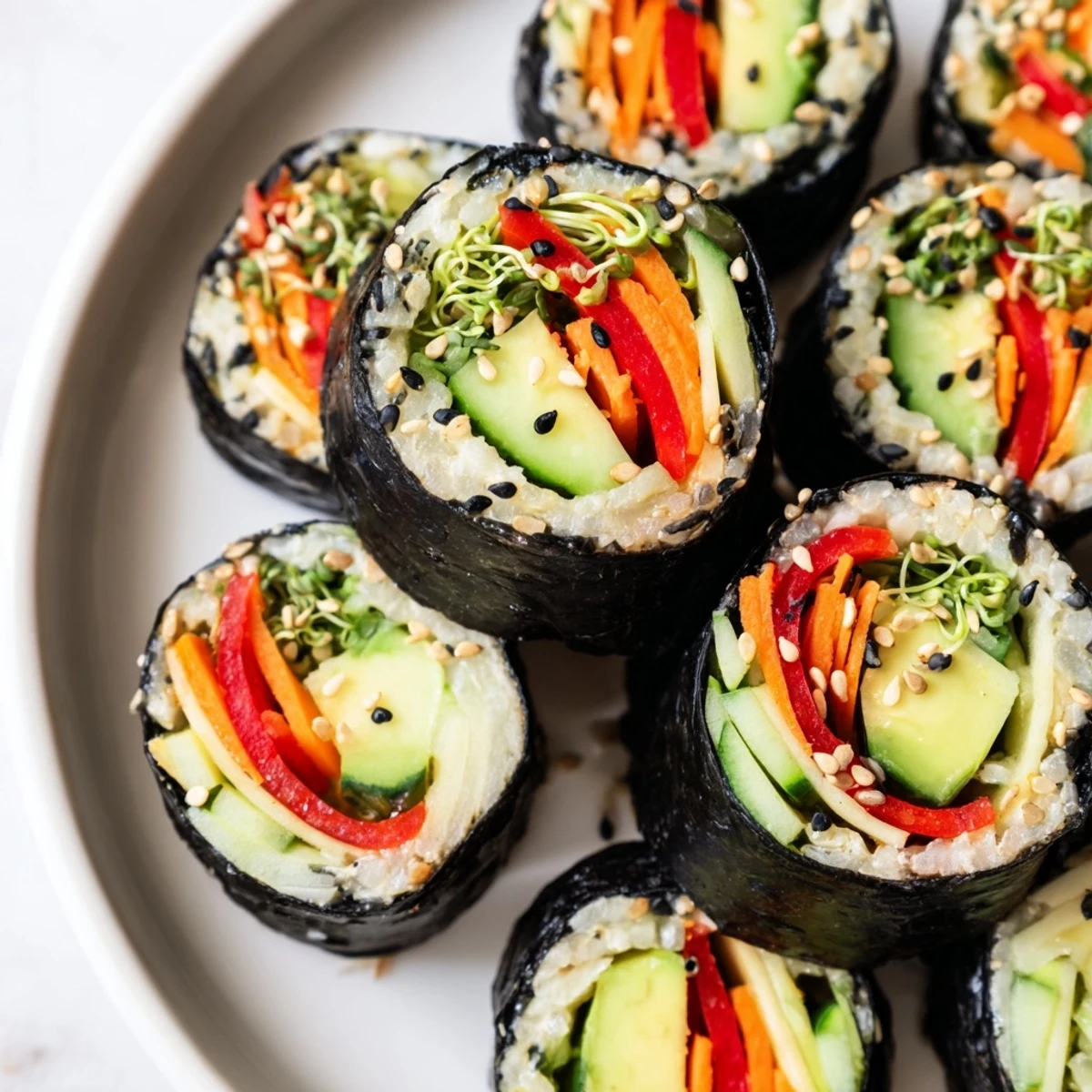 DIY Nori Rolls mit frischem Gemüse, serviert mit Sojasauce und Ingwer für einen gesunden Snack.