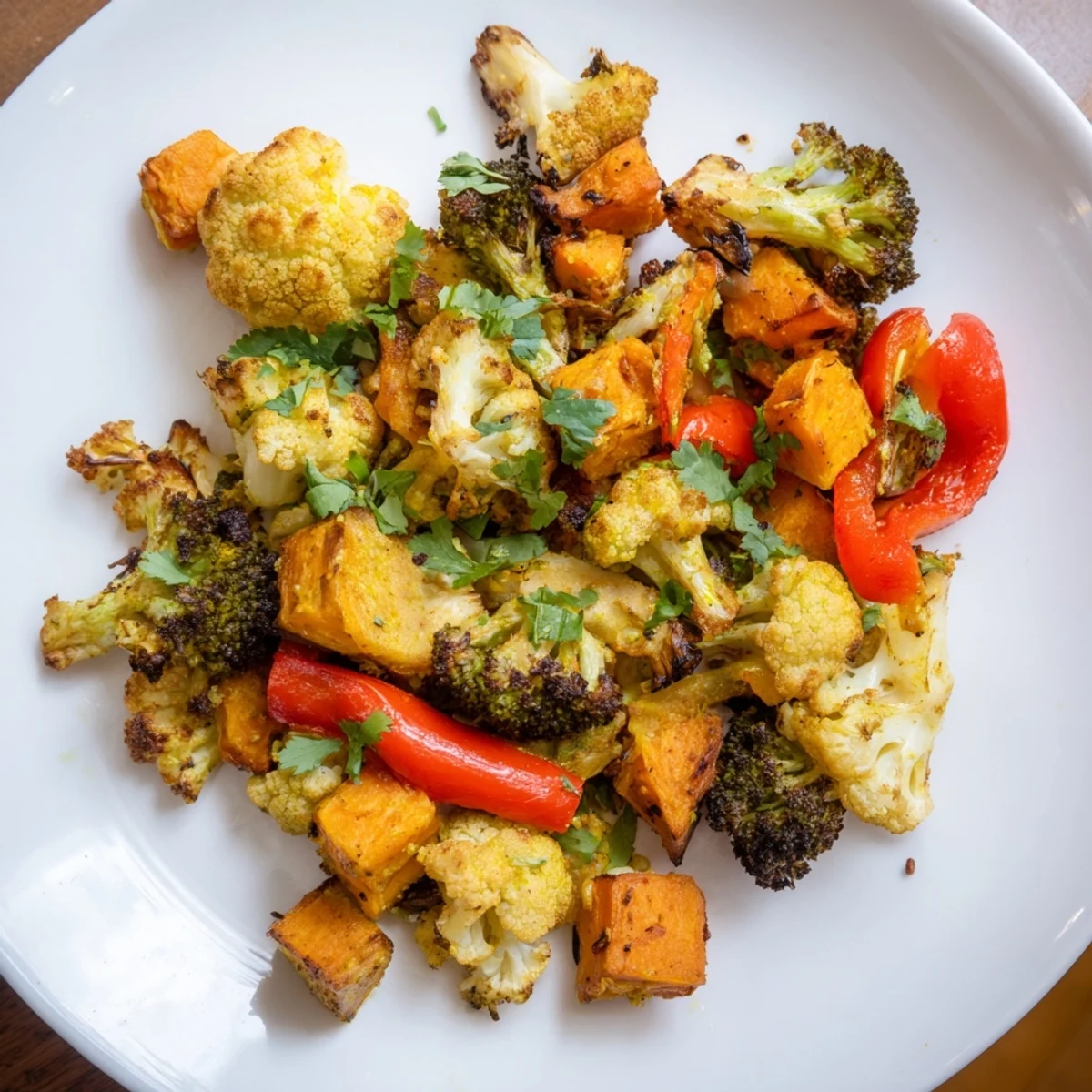 Bunte Anti-Inflammatory Turmeric Roasted Vegetables aus dem Ofen, goldbraun gewürzt und leicht knusprig an den Rändern.