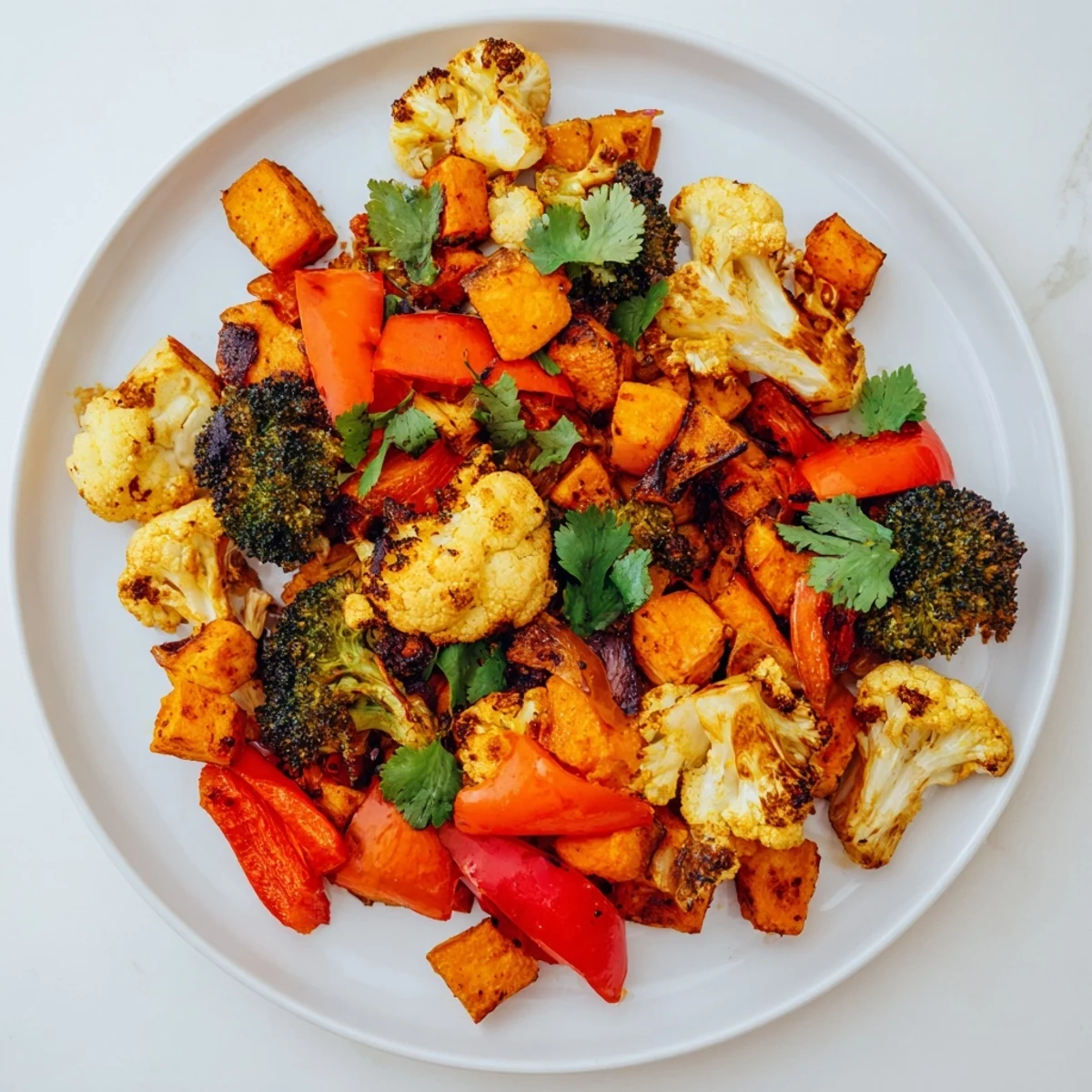 Frisch zubereitete Anti-Inflammatory Turmeric Roasted Vegetables mit Kräutern und Zitronensaft, serviert warm als Beilage.