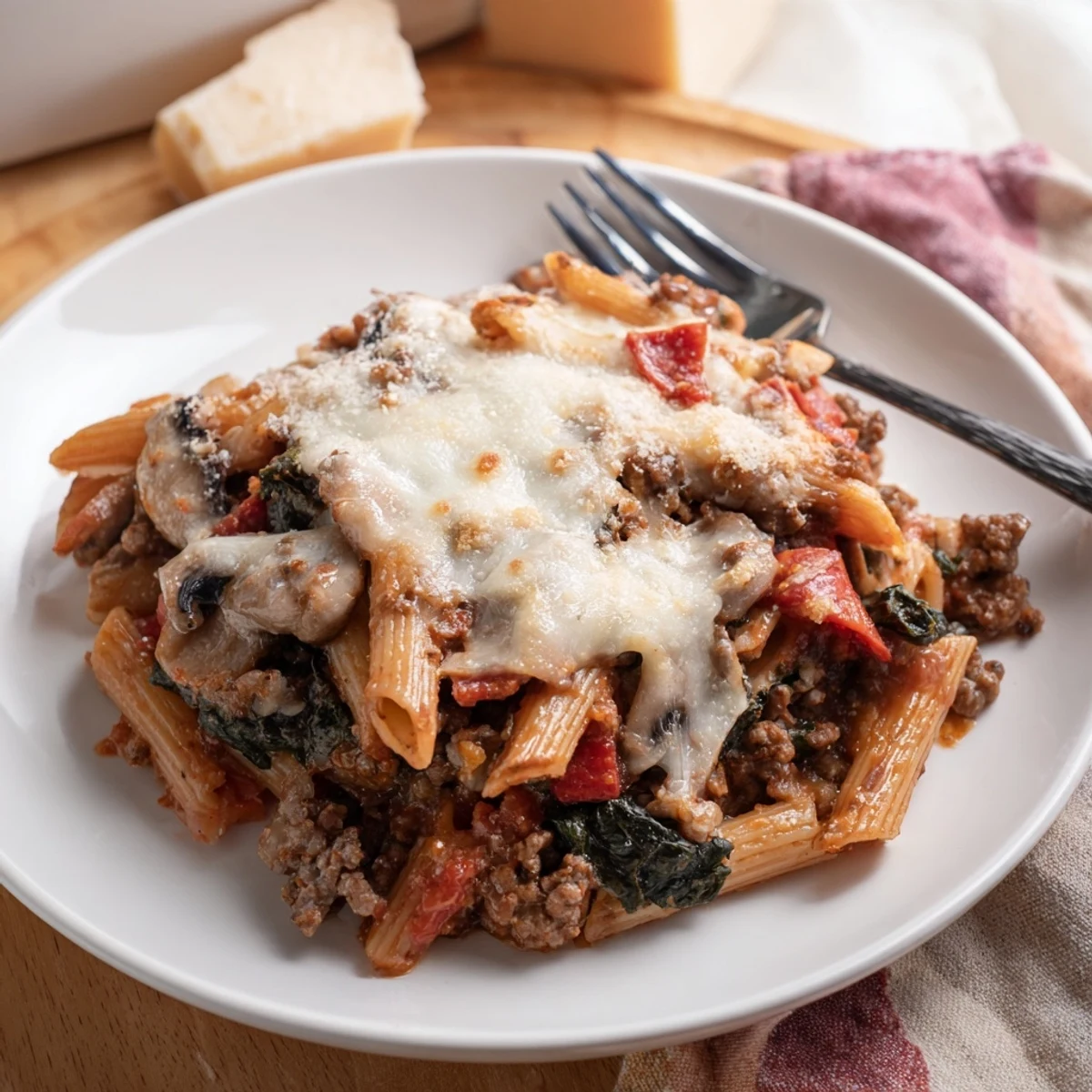 Ein überbackener Topf mit High Protein Italian Beef and Pasta Bake, überzogen mit geschmolzenem Mozzarella und italienischem Gewürzgut.