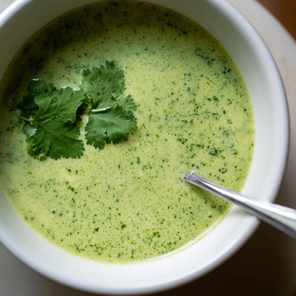 Creamy spinach coriander lemongrass soup garnished with fresh cilantro and lime wedges.