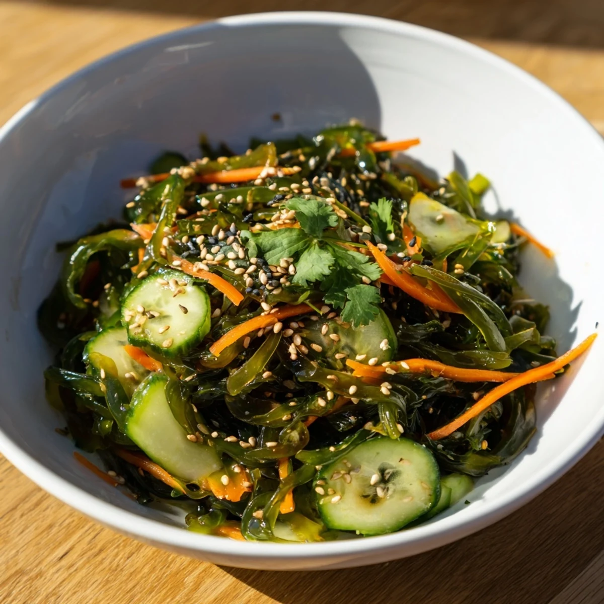 Frische Seaweed Salad mit knuspriger Gurke und gelber Möhre in einer Schüssel.  