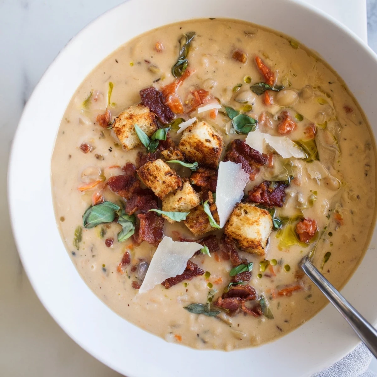 Heiße cremige Tuscan White Bean Soup mit Sonnengetrockneten Tomaten und einem Schuss Olivenöl.