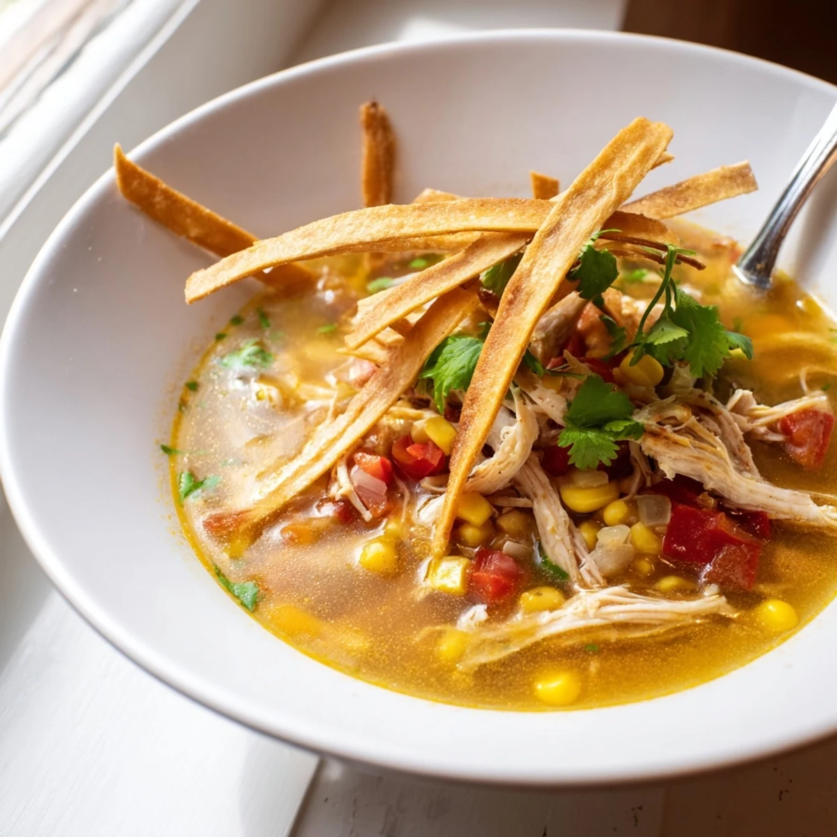 Geschmolzene Limettenstreifen und krosse Tortilla-Chips auf einer dampfenden Best Chicken Tortilla Soup.