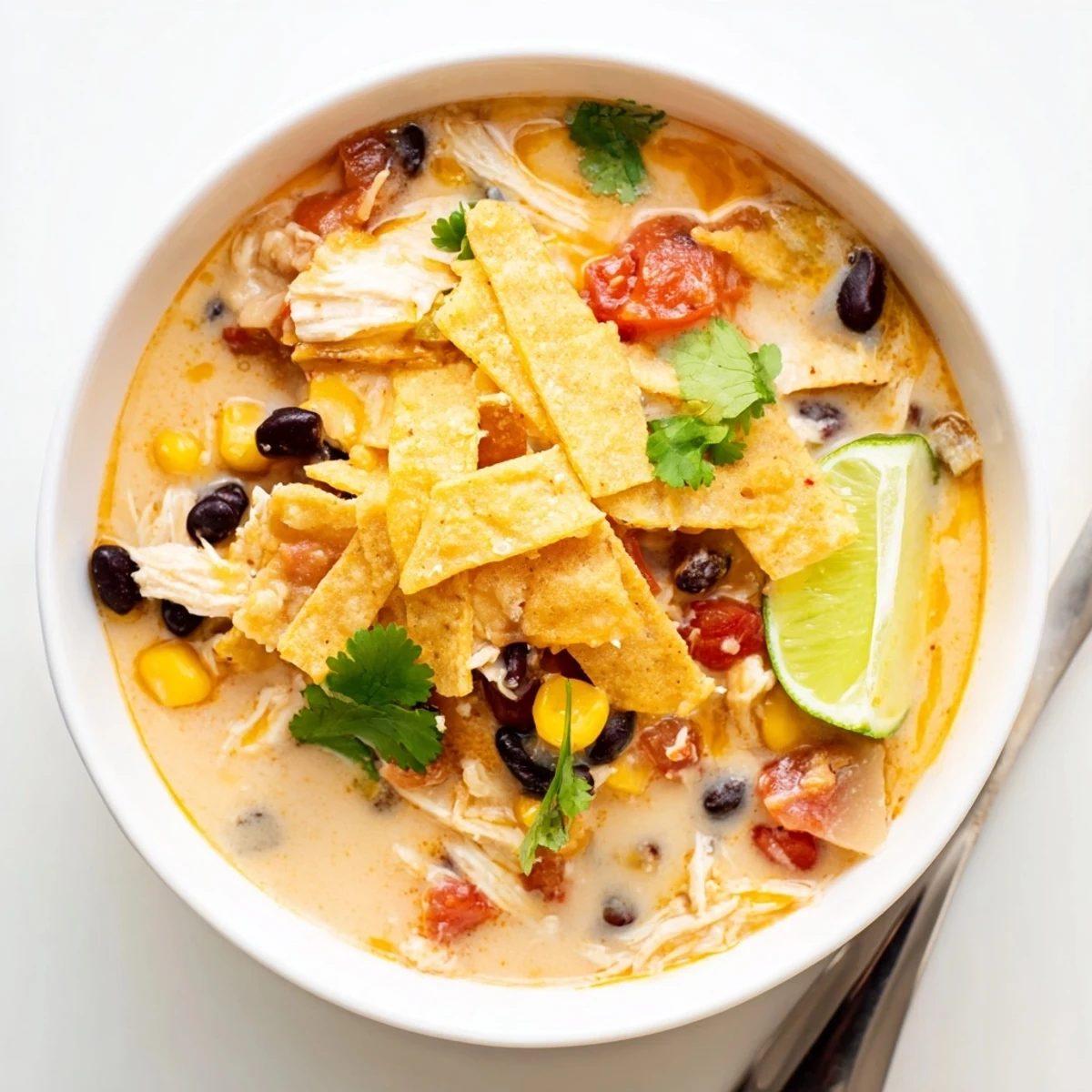 Ein Topf Easy Chicken Tortilla Soup mit cremiger, zarter Hühnerfleisch-Füllung, schwarzen Bohnen und Mais, belegt mit Käse und Koriander.