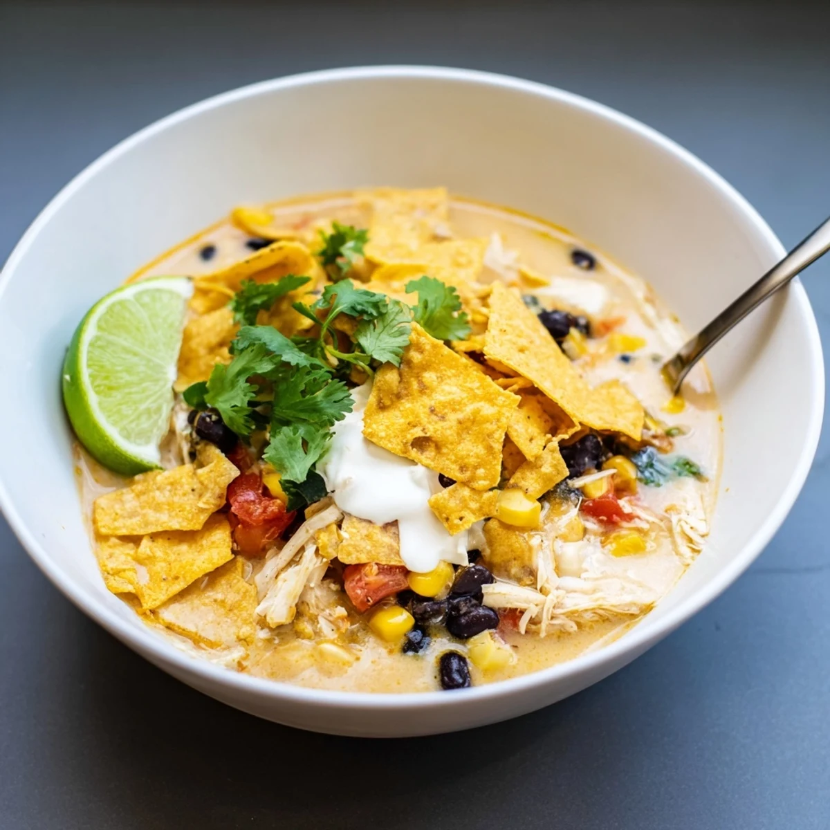 Eine dampfende Schüssel Easy Chicken Tortilla Soup, üppig garniert mit knusprigen Tortilla-Chips und frischen Jalapeños, auf einem rustikalen Holztisch.