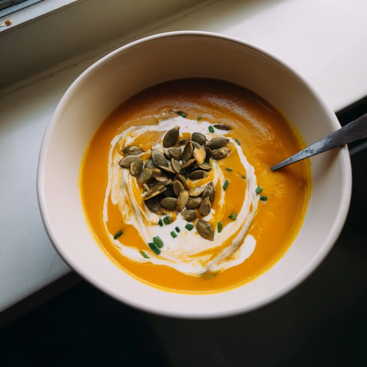 Cremige, goldene Acorn Squash Suppe mit einem Hauch Zimt und gerösteten Kürbiskernen, in einer tiefen Schüssel serviert.