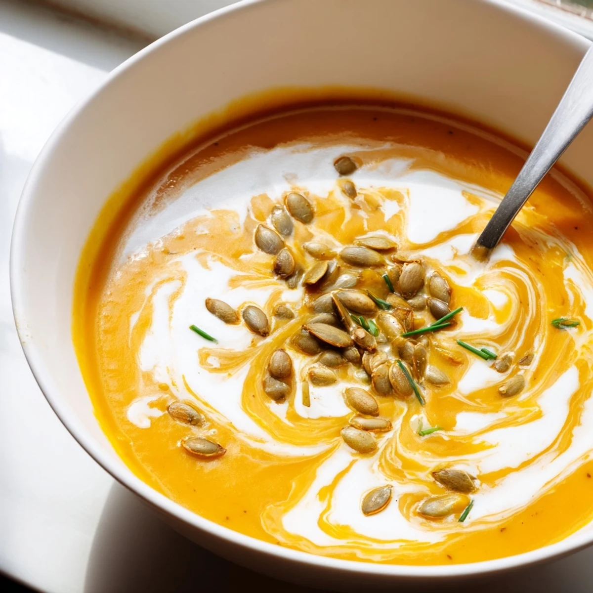 Würziges, aromatisches Acorn Squash Suppe Püree mit einem Schuss Sahne und frischen Schnittlauchringen auf einer warmen Oberfläche.