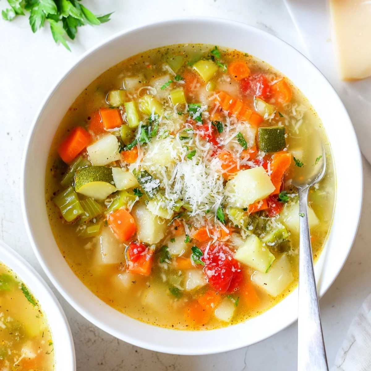 Creamy Parmesan Veggie Soup simmered with fresh vegetables, topped with grated cheese and chopped parsley.