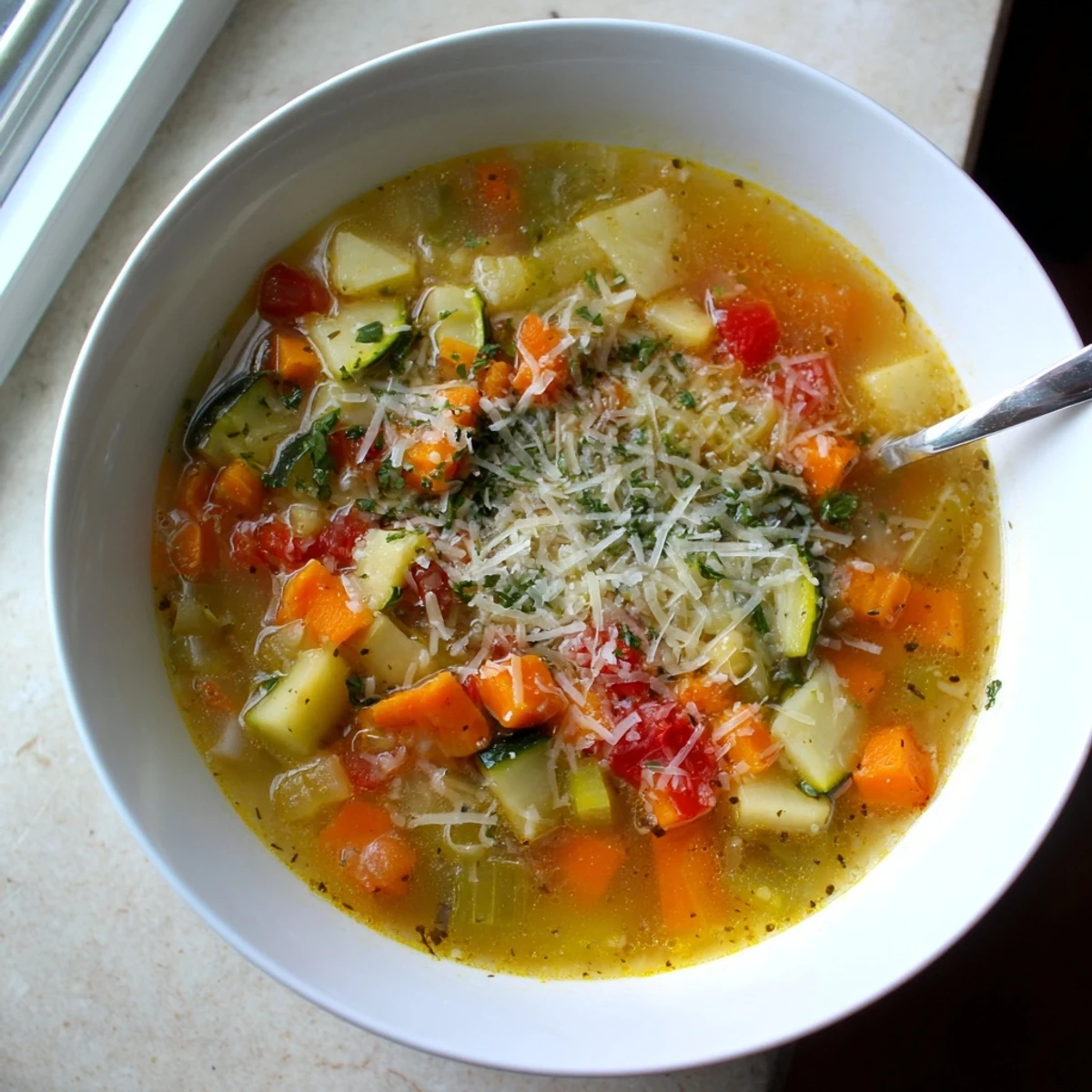 Savory Parmesan Veggie Soup served in rustic bowls, accompanied by crusty bread for dipping.