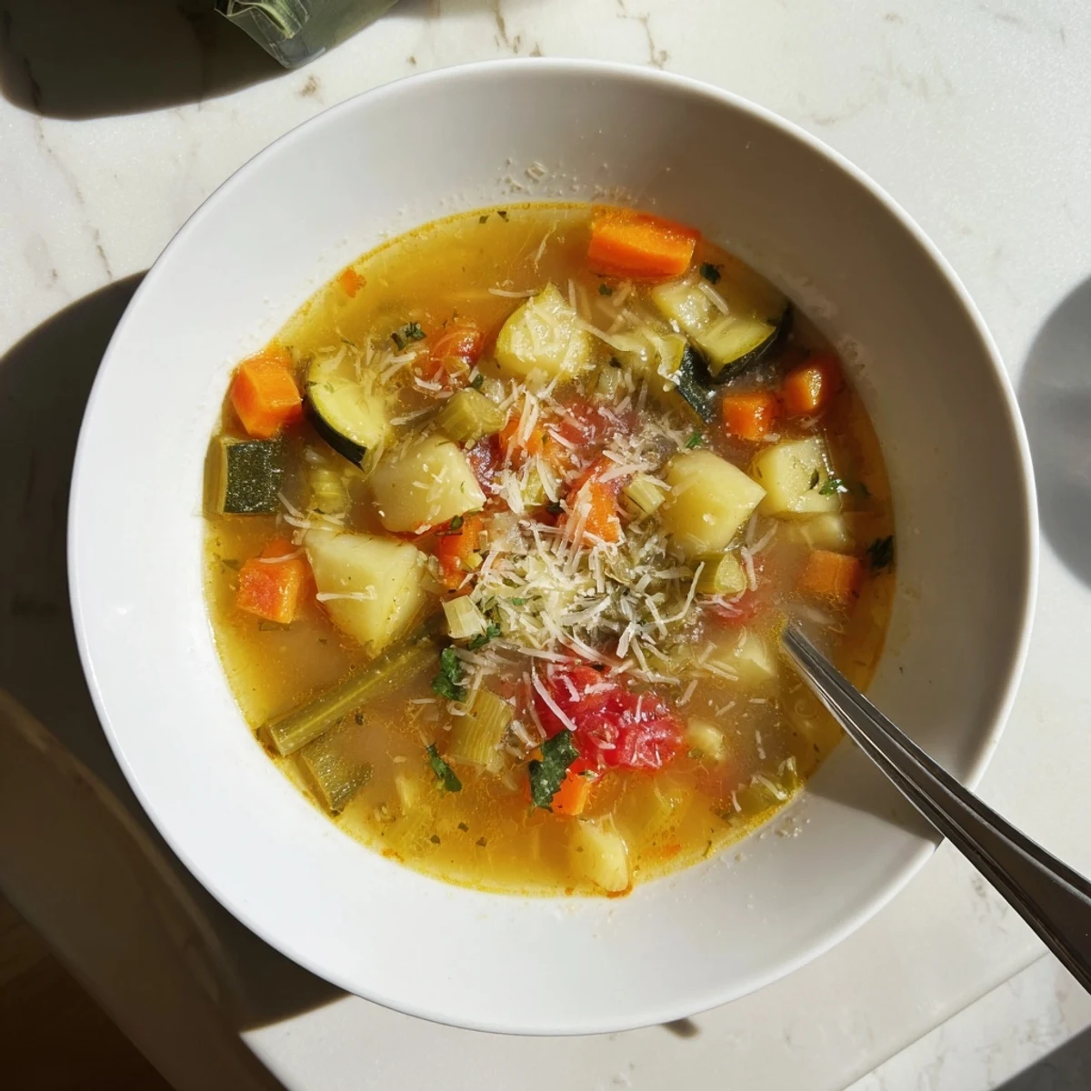 Homemade Parmesan Veggie Soup in a pot, filled with zucchini, carrots, and green beans.