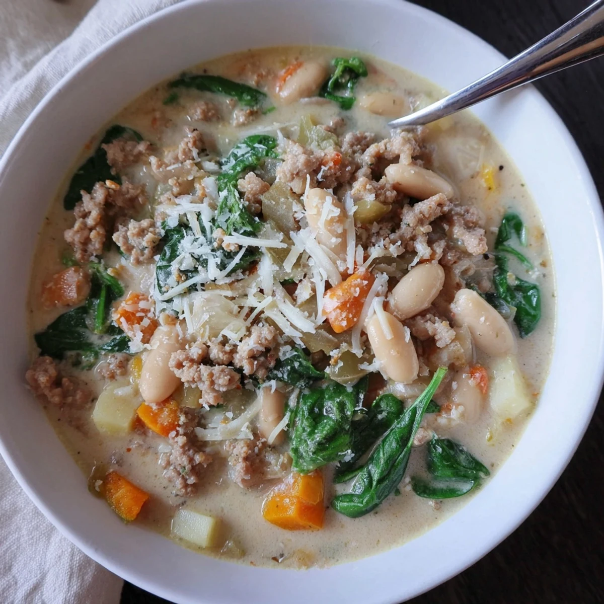Steaming bowl of Epic Creamy Tuscan White Bean Soup With Sausage served with crusty bread for dipping.