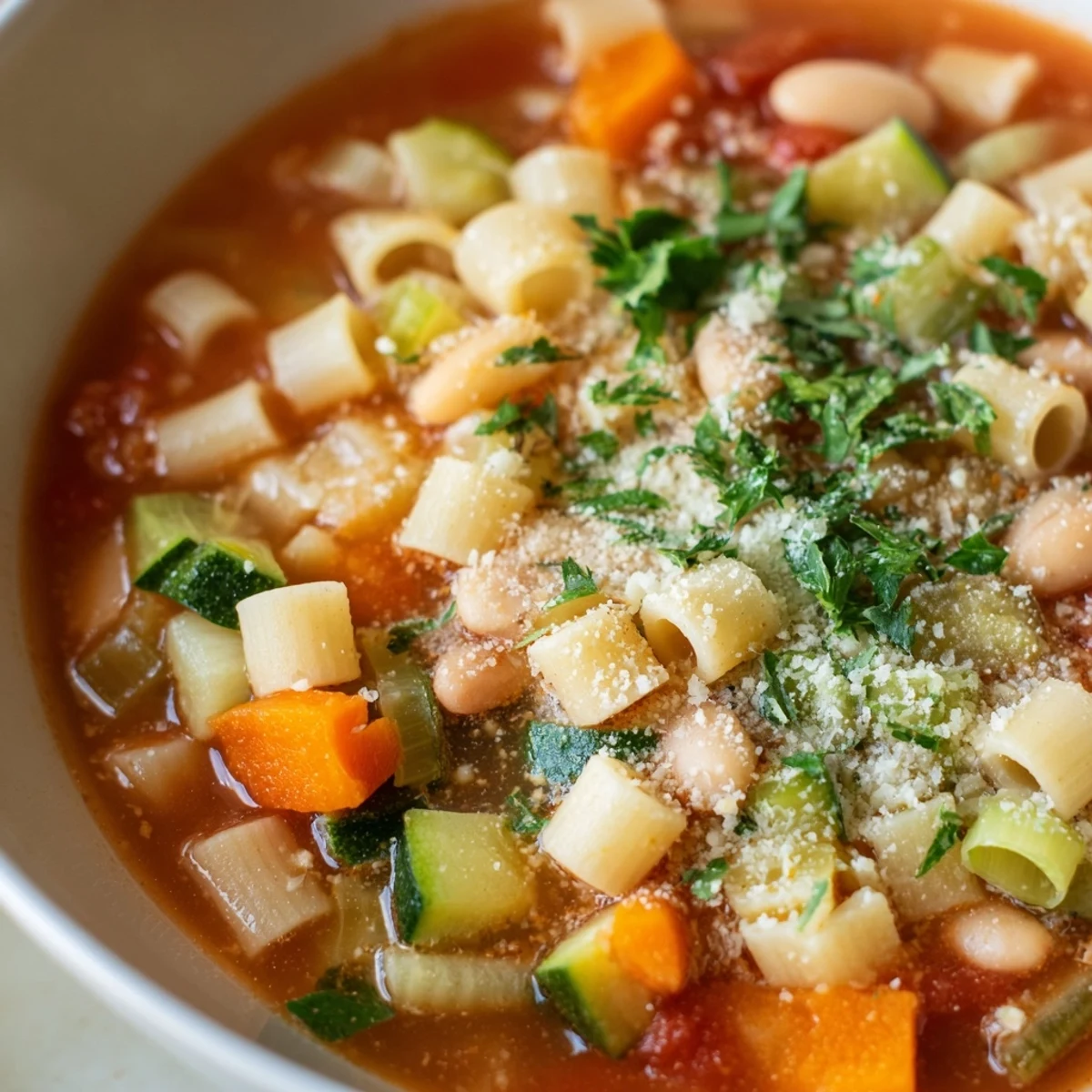 Vegetable Minestrone Variation mit saisonalem Winterkürbis, Bohnen und frischem Basilikum garniert.