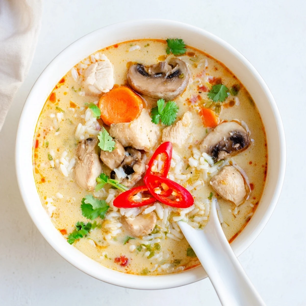 Kreisende Dämpfe eines aromatischen Thai Kokos Curry Suppen Topfes mit Hähnchen, Pilzen und Karotten.