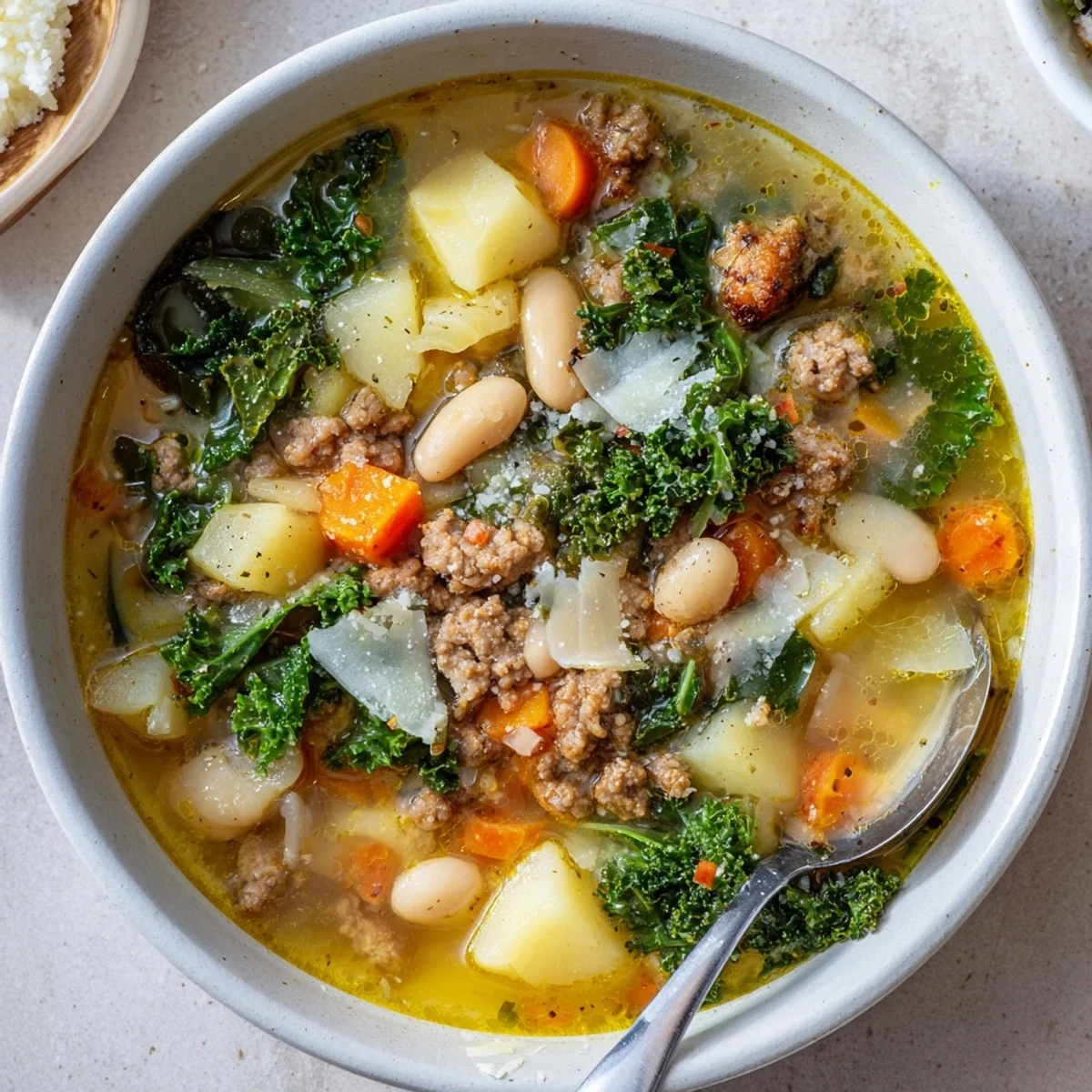 Hearty Tuscan White Bean Sausage Soup simmered with kale and potatoes, served steaming in a rustic bowl.