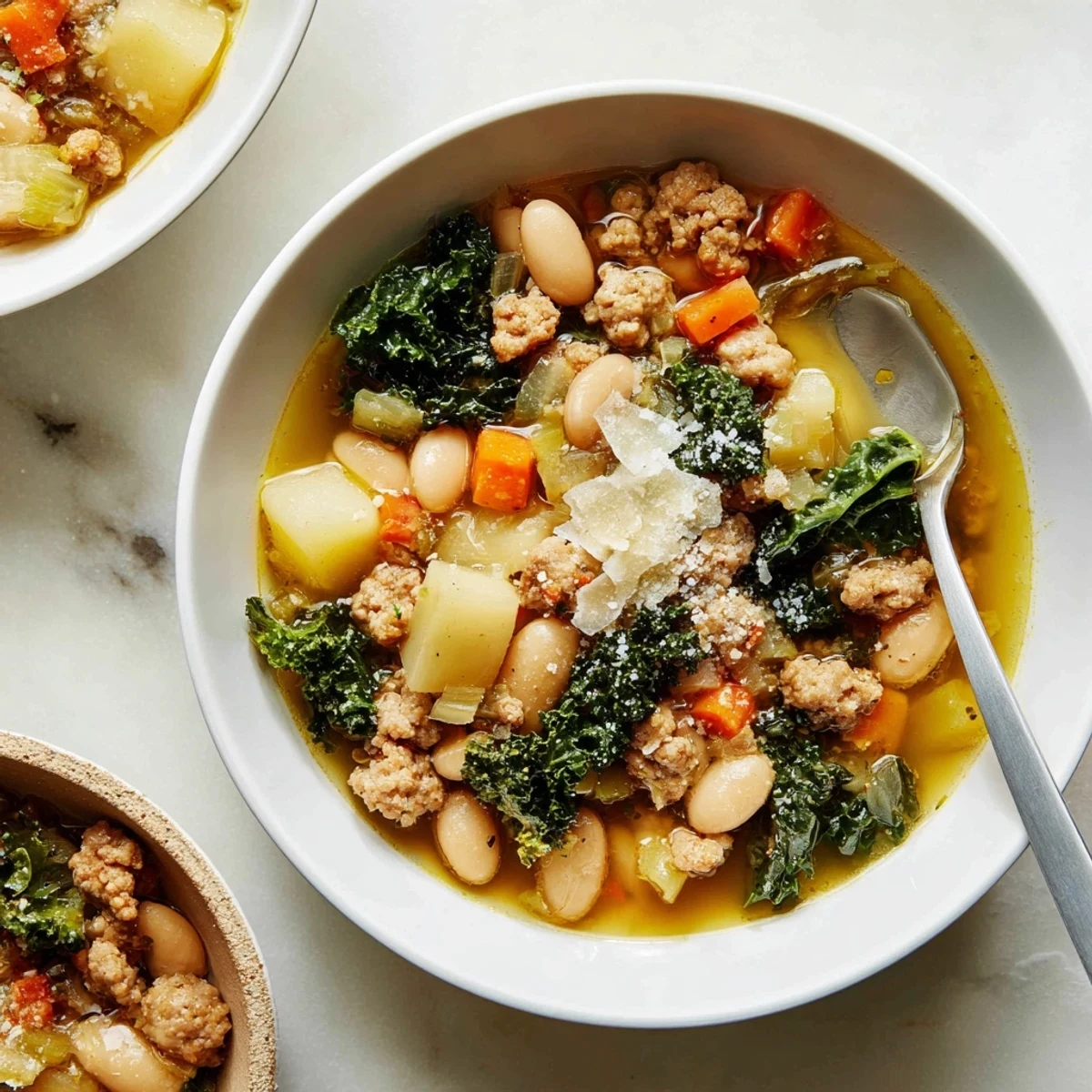 Rustic Italian Tuscan White Bean Sausage Soup brimming with creamy beans, savory sausage, and tender kale.