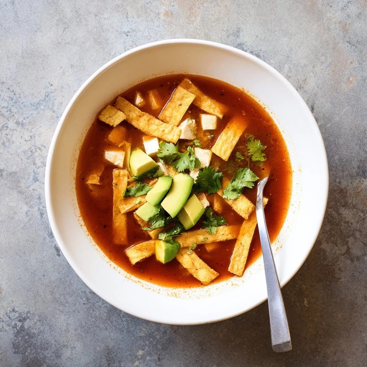 Crispy tortilla strips and creamy panela cheese on Sopa Azteca