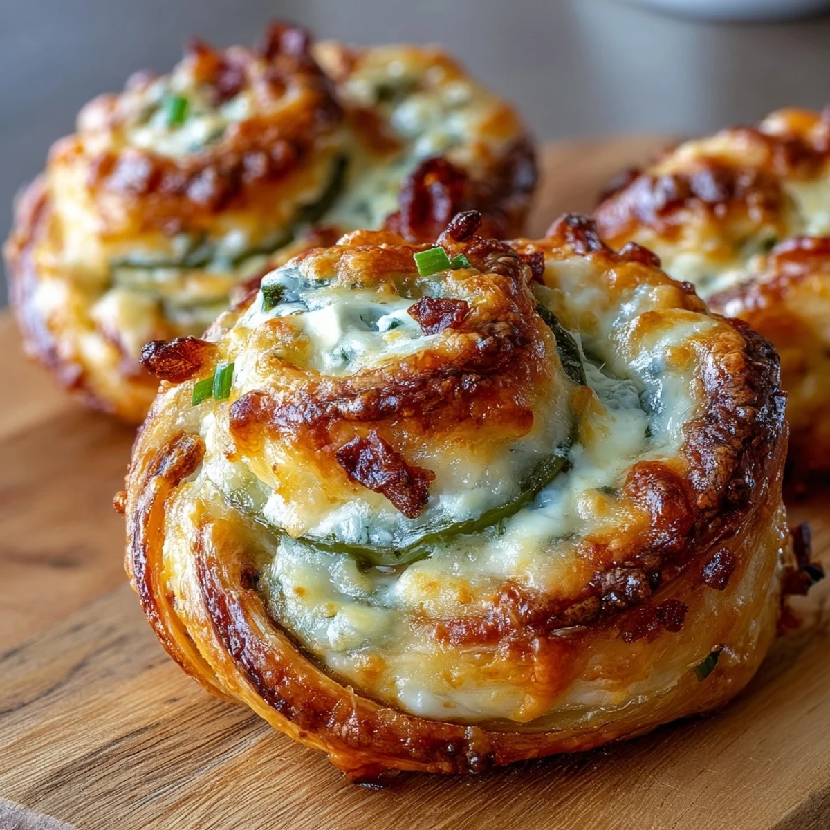 Goldene Jalapeño Popper Twists auf einem hellen Teller mit geröstetem Sesam bestreut, die cremig und knusprig zugleich sind, frisch aus dem Ofen und warm serviert.