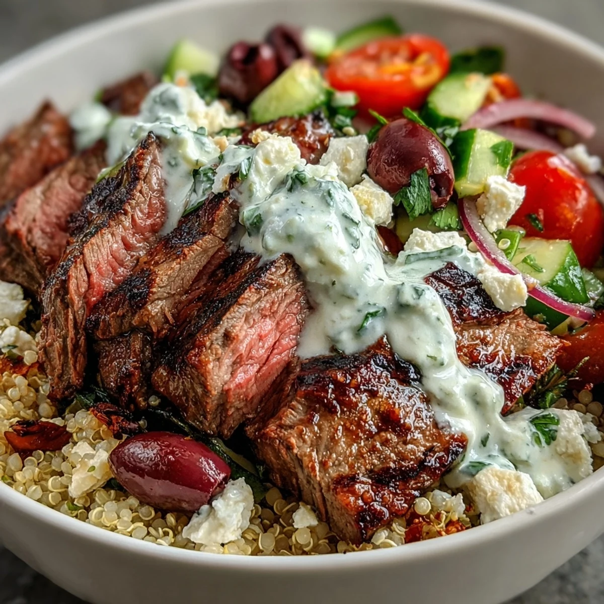 Ein leckerer Mediterranean Steak Bowl mit gebratenem Rinderfilet, knackigen Gurken, Kalamata-Oliven und roten Zwiebeln, verfeinert mit einem Klecks Joghurt-Sauce.