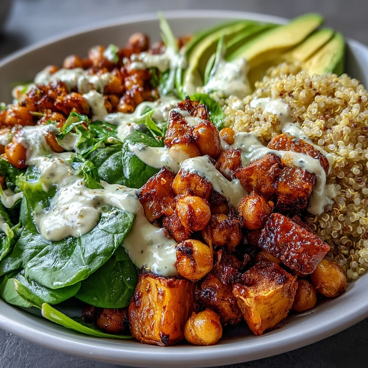 Farbenfrohe Anti-Inflammatory Glow Bowl mit cremiger Tahini-Joghurt-Sauce, serviert auf einem Bett aus fluffigem Quinoa.