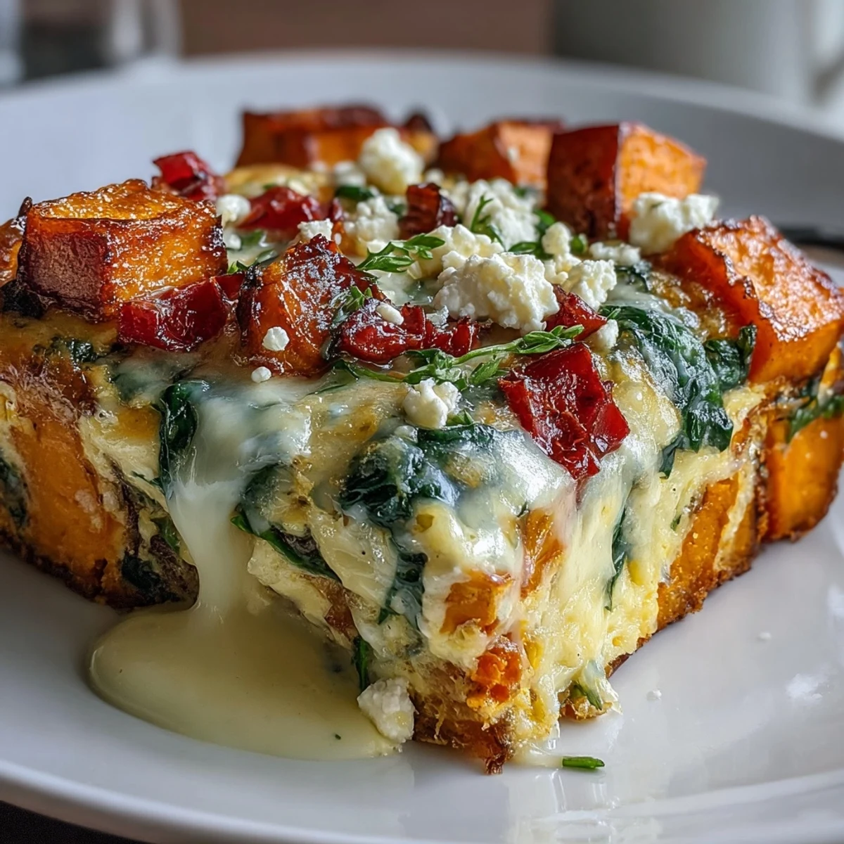 Ein goldbrauner Brunch-Casserole aus Süßkartoffeln, Eiern und Käse, gerade aus dem Ofen und leicht dampfend.