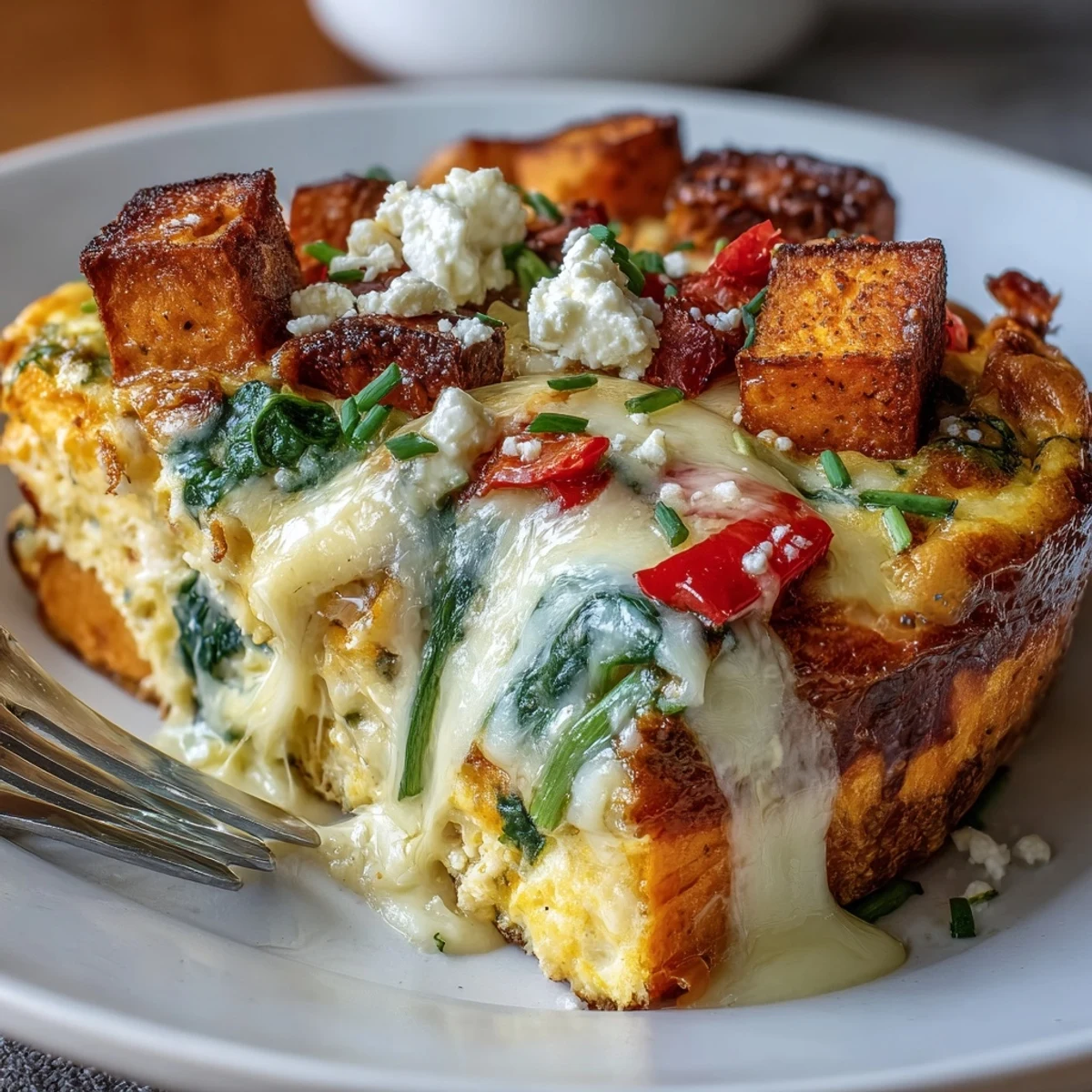 Frisch gebackenes Süßkartoffel-Ei-Casserole mit geschmolzenem Cheddar und Feta, serviert auf einer Holzplatte.