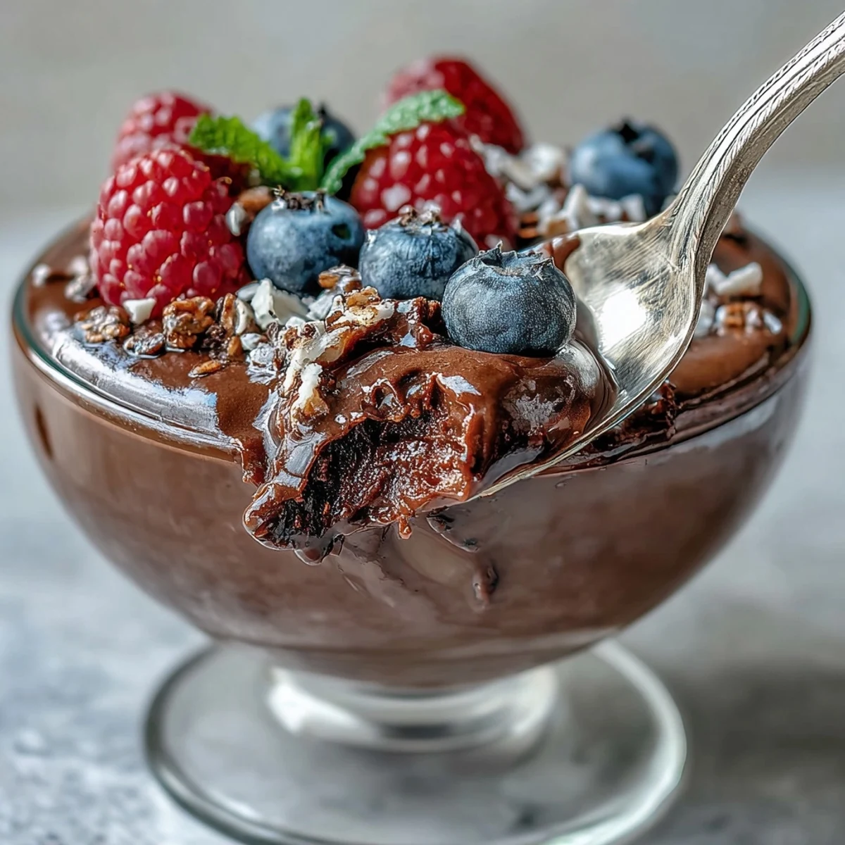 Three chilled glasses of Chocolate Protein Pudding topped with fresh raspberries and mint