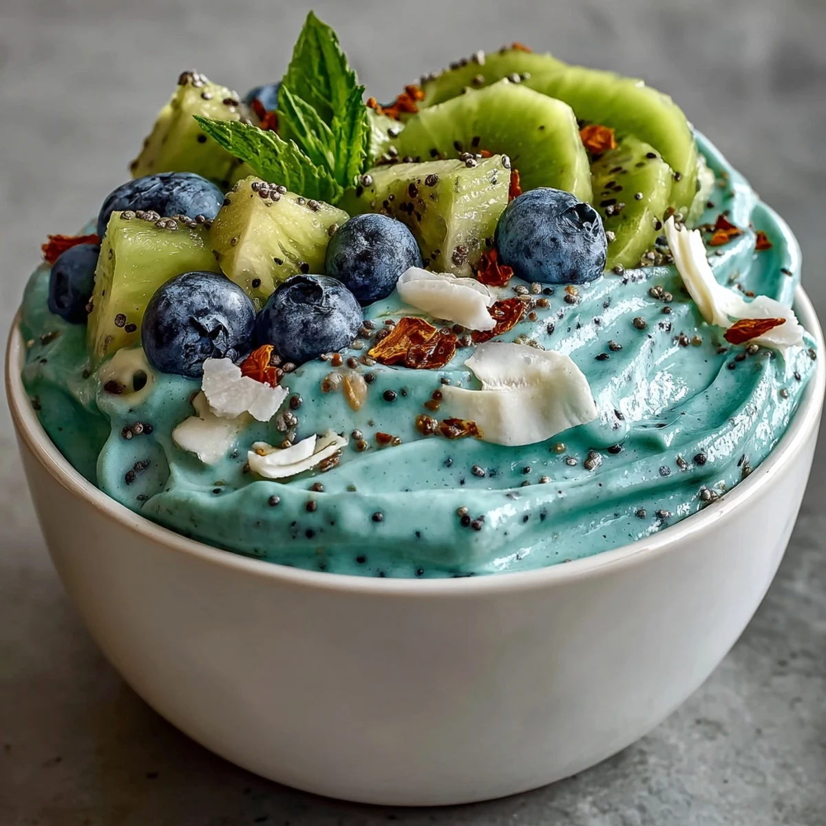 Frischer mermaid-blue Smoothie-Bowl mit Ananas und Mango, obenauf mit Kiwi und Blaubeeren garniert.