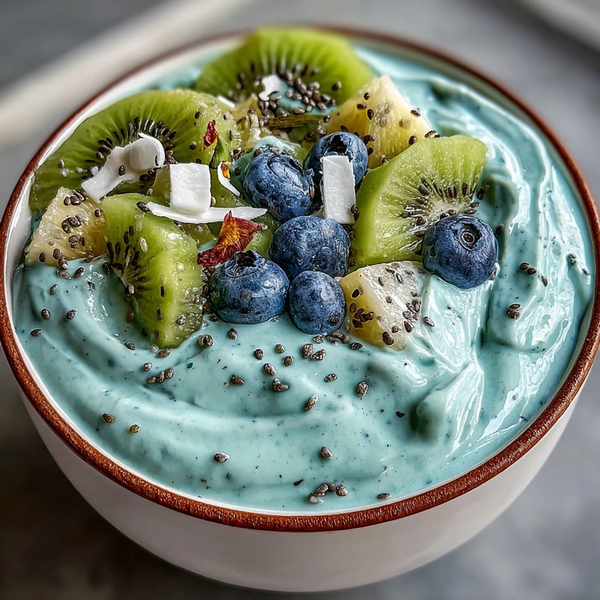 Süße Noten aus Banane und spirulina-pulver, abgerundet mit Kokosraspeln für eine perfekte Morgenmahlzeit.