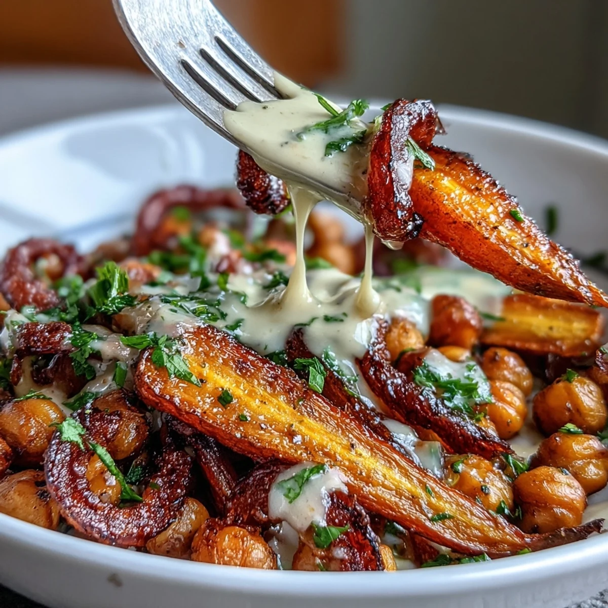 One-Pan Roasted Carrot and Chickpea Bowl mit cremiger Zitronen-Tahini-Sauce beträufelt, garniert mit Petersilie und auf Quinoa serviert für ein sättigendes Mittagessen.