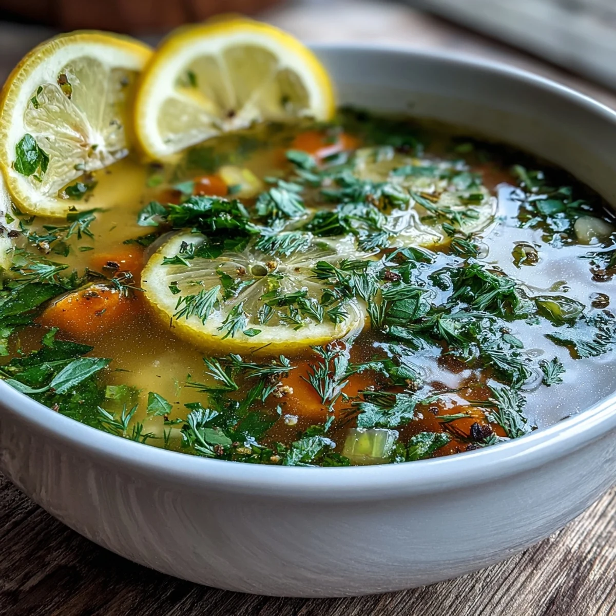 Bezaubernde Zitronenkräutersuppe, appetitlich in einer Schüssel mit sichtbaren Kräuterflocken.