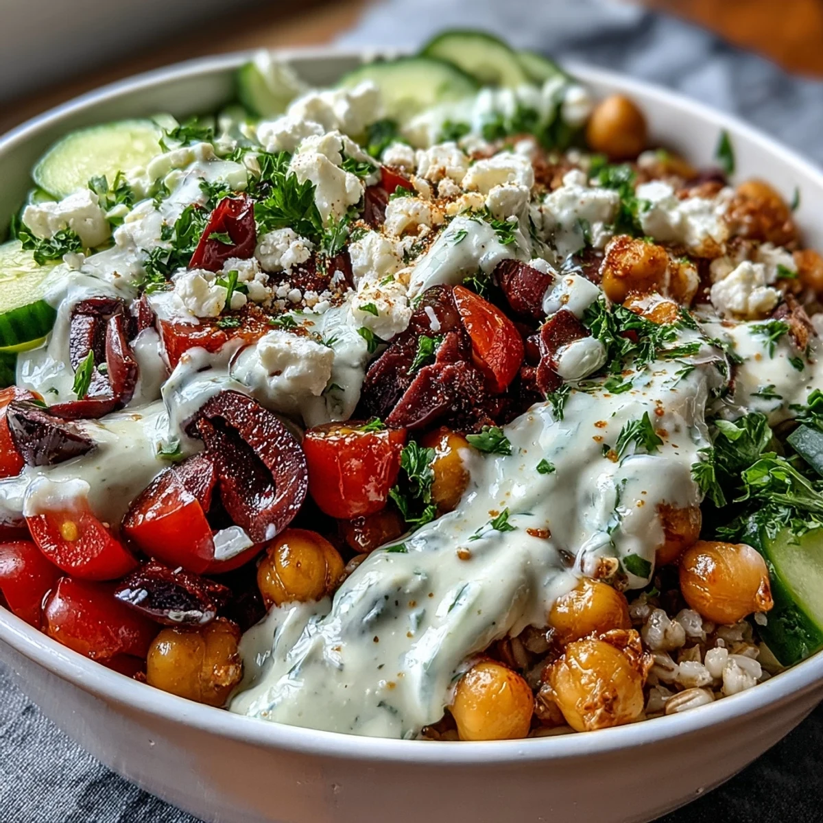 A vibrant Mediterranean Farro Bowl overflowing with colorful vegetables and creamy tahini.