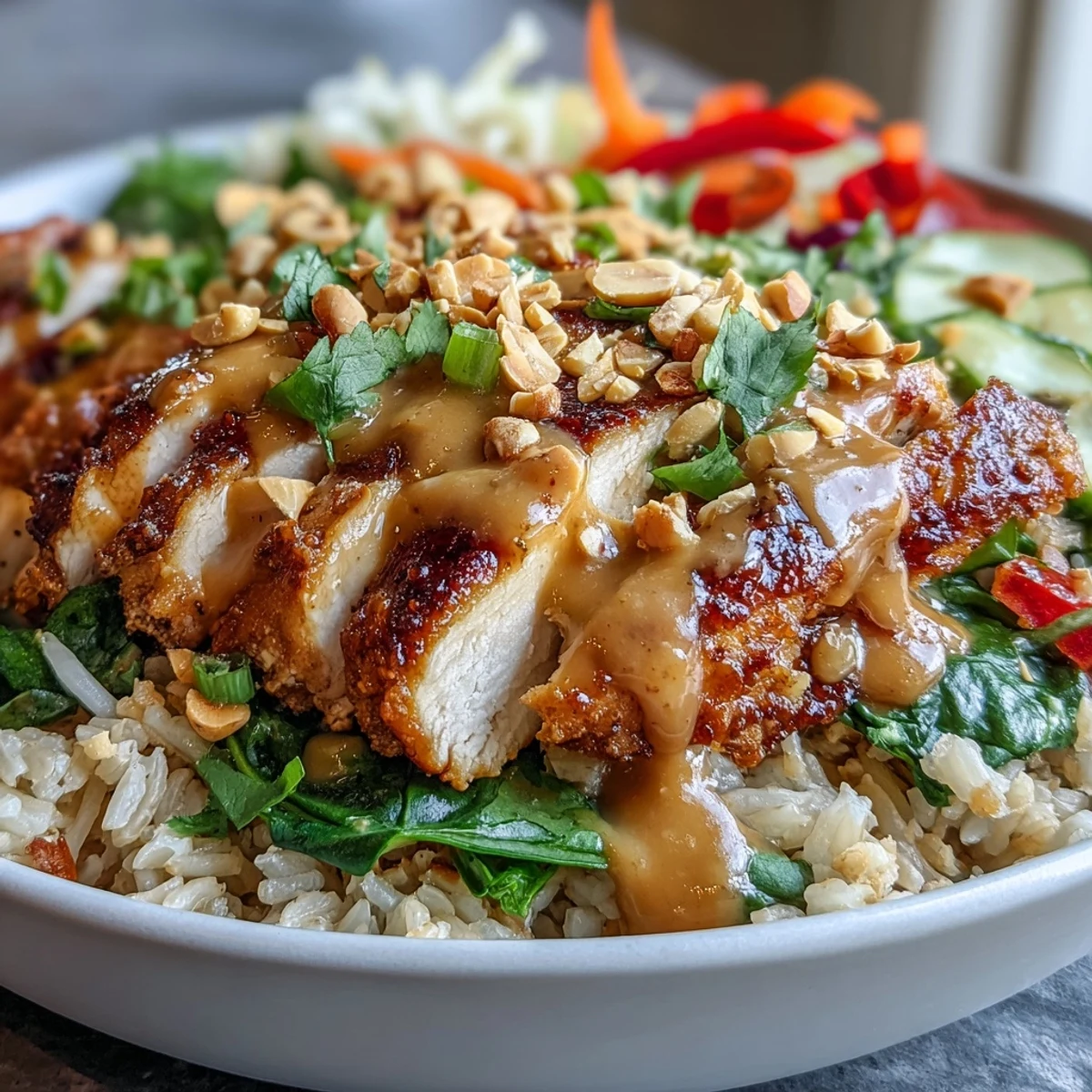 Diese sättigende Peanut Chicken Power Bowl ist perfekt zum Mittagessen.