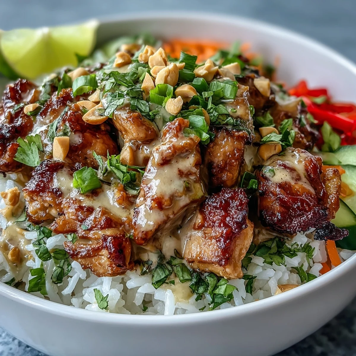 Thai Peanut Chicken Bowl, a feast for the eyes with vibrant colors and flavors.