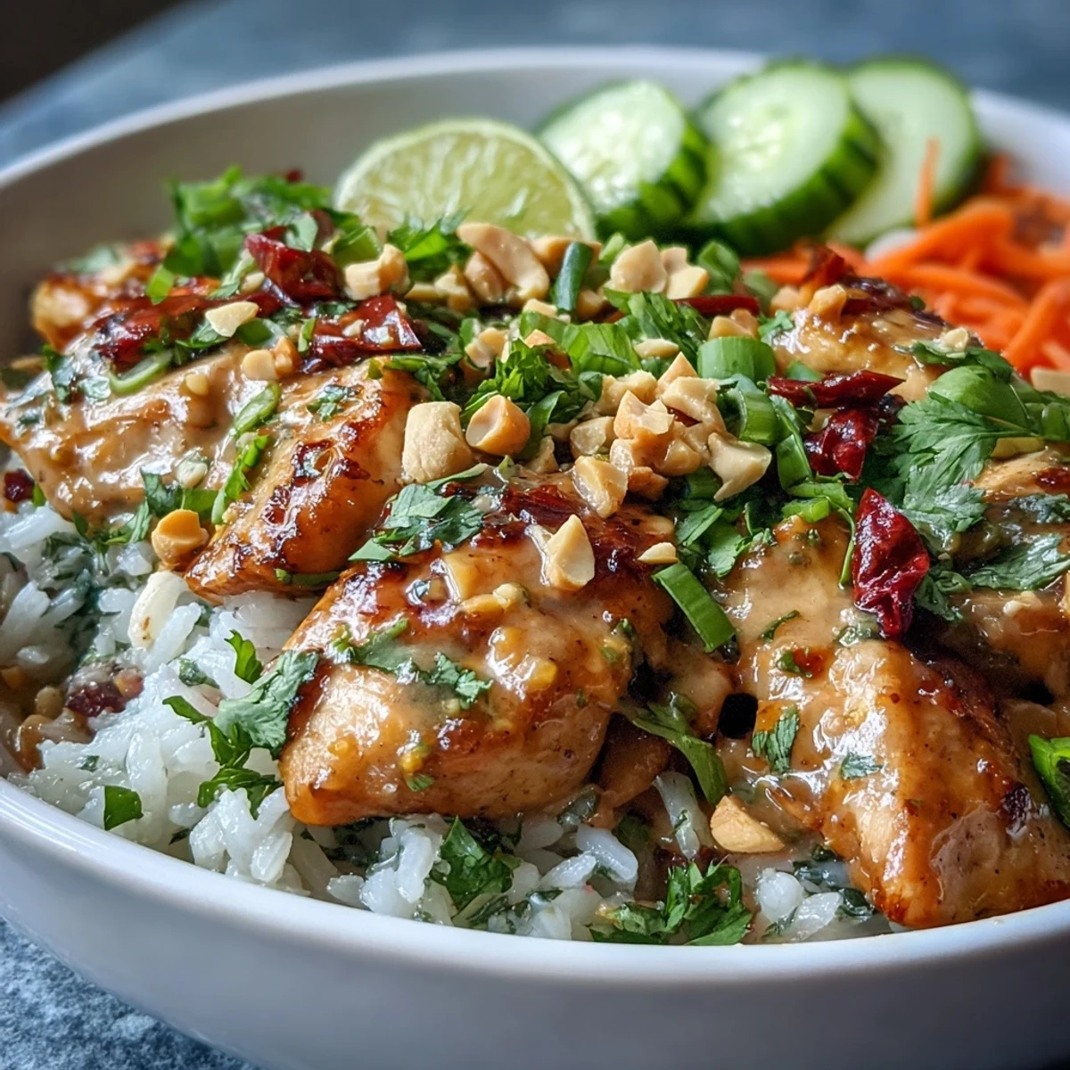 Enjoy this delicious Thai Peanut Chicken Bowl, perfect for a flavorful weeknight dinner.