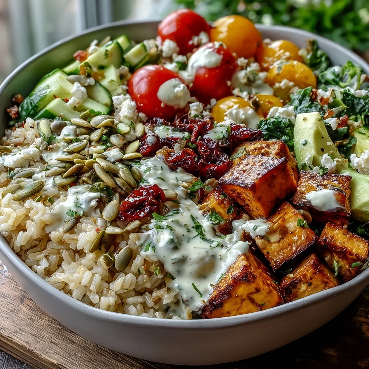 Persönliche Bowl mit warmen Körnern, würzigem Hühnchen und bunten Gemüsesorten serviert.