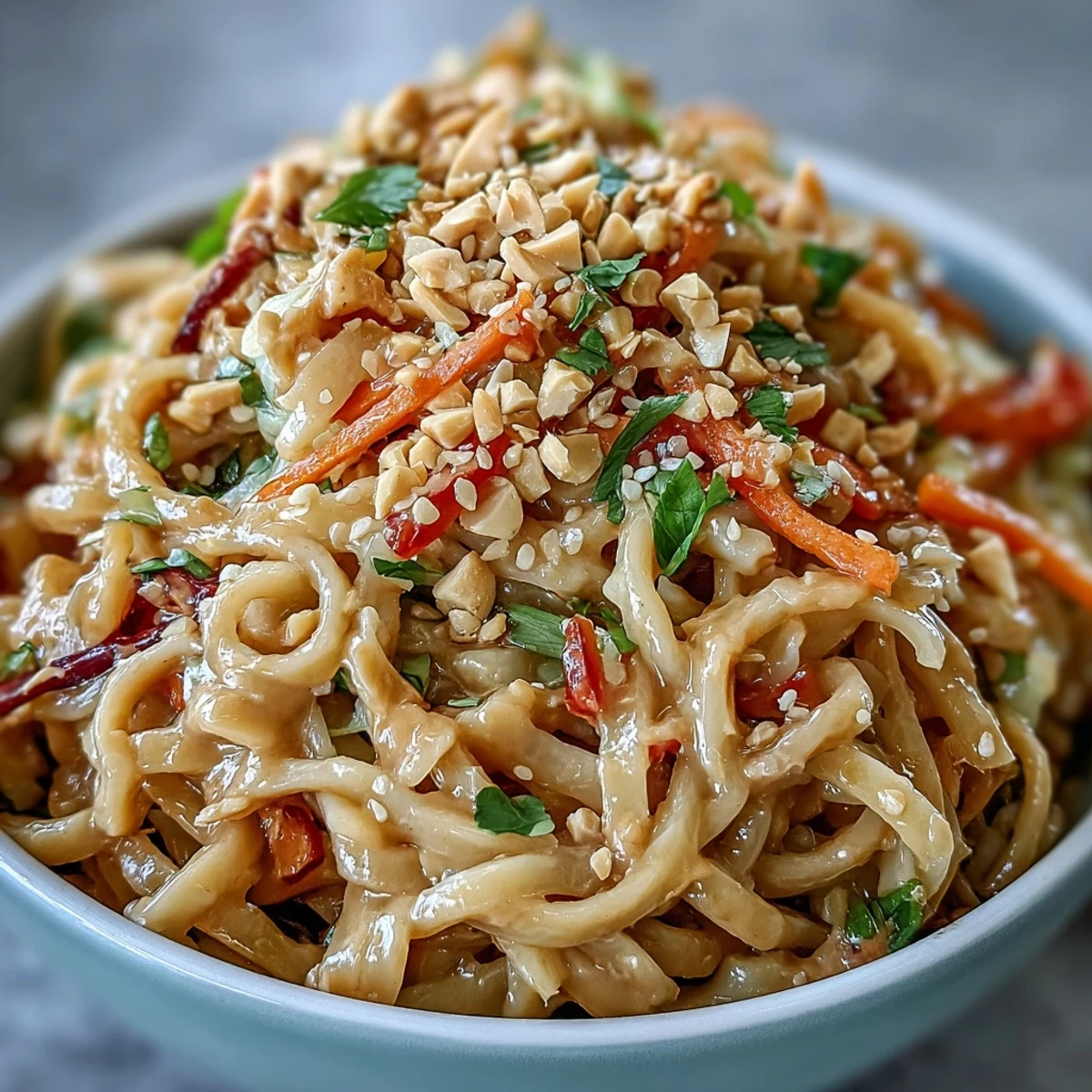 Köstliche asiatische Erdnudel-Schüssel mit knackigem Gemüse und cremiger Erdnusssoße.