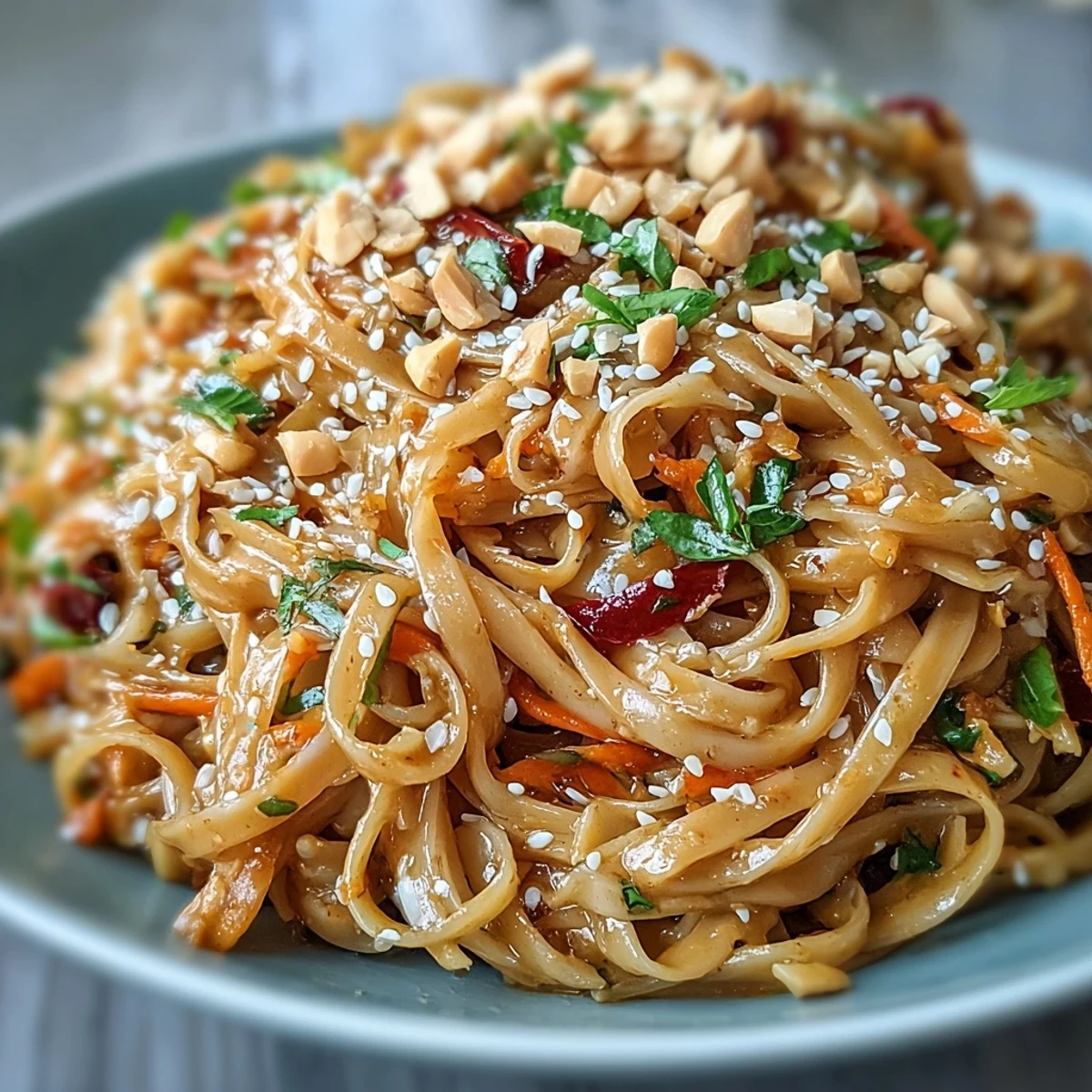 Servierbereite asiatische Erdnudel-Schüssel, angereichert mit gerösteten Erdnüssen und Limettenspalten.