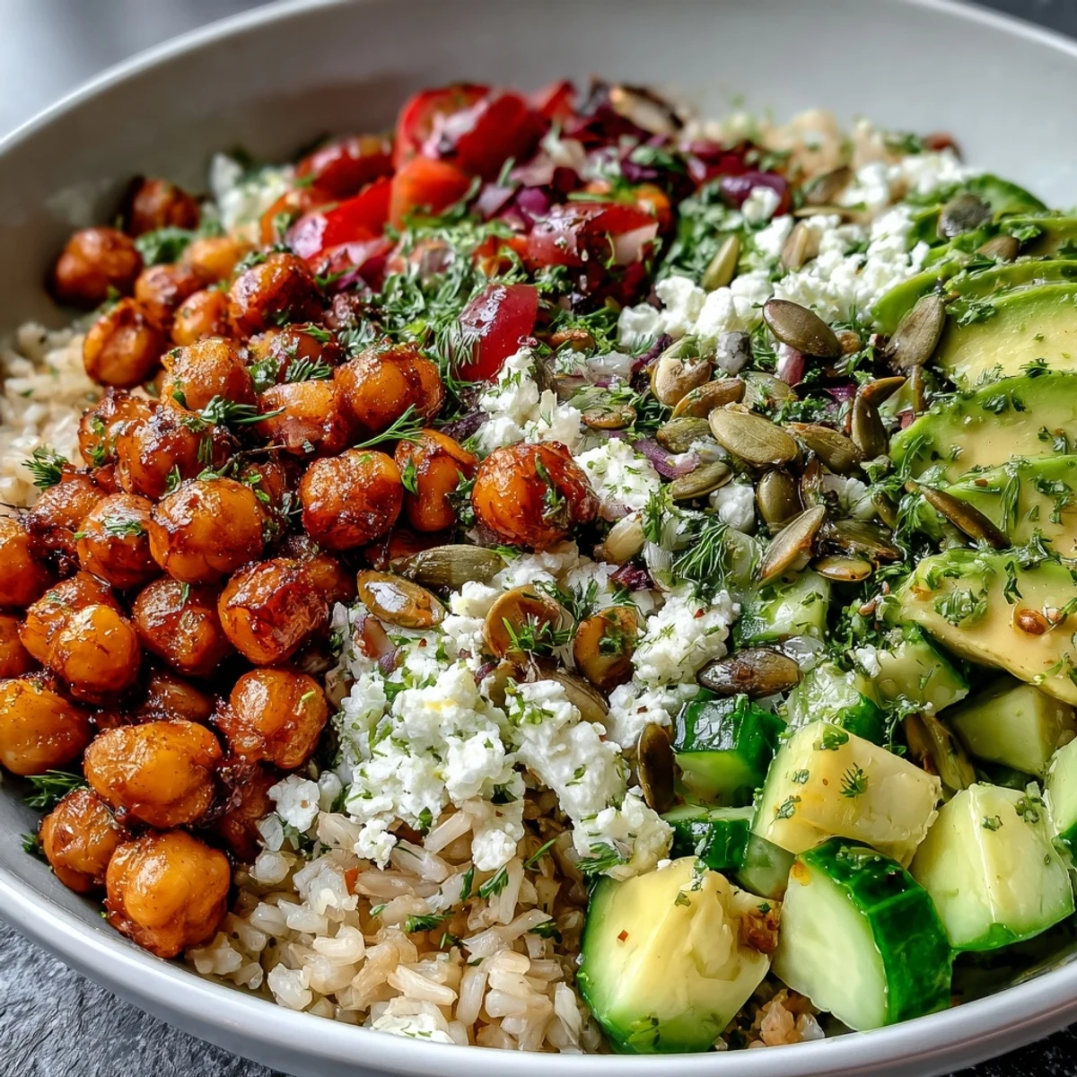 Eine einfache Körnerschüssel, bunt beladen mit frischem Gemüse und cremiger Avocado.