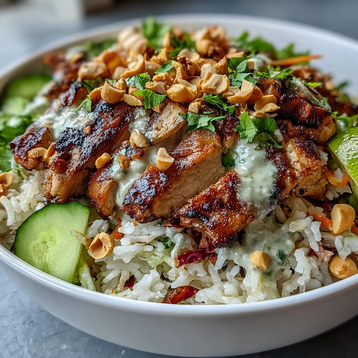Köstliche Kokosreis-Erdnuss-Schüssel mit saftigem Hähnchen und frischem Gemüse, garniert.