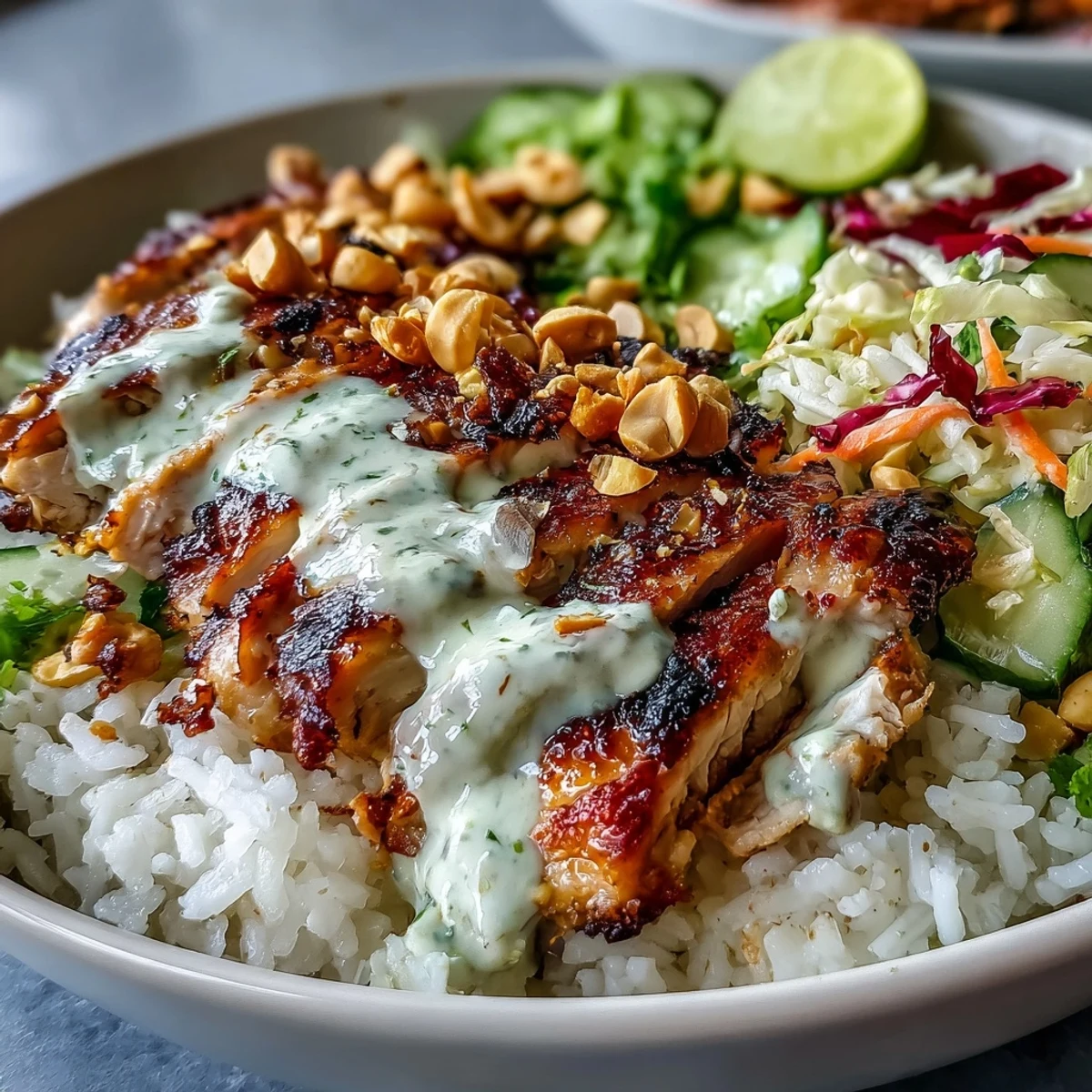 Herzhafte Kokosreis-Erdnuss-Schüssel, servierfertig mit knackigem Gemüse und cremiger Sauce.