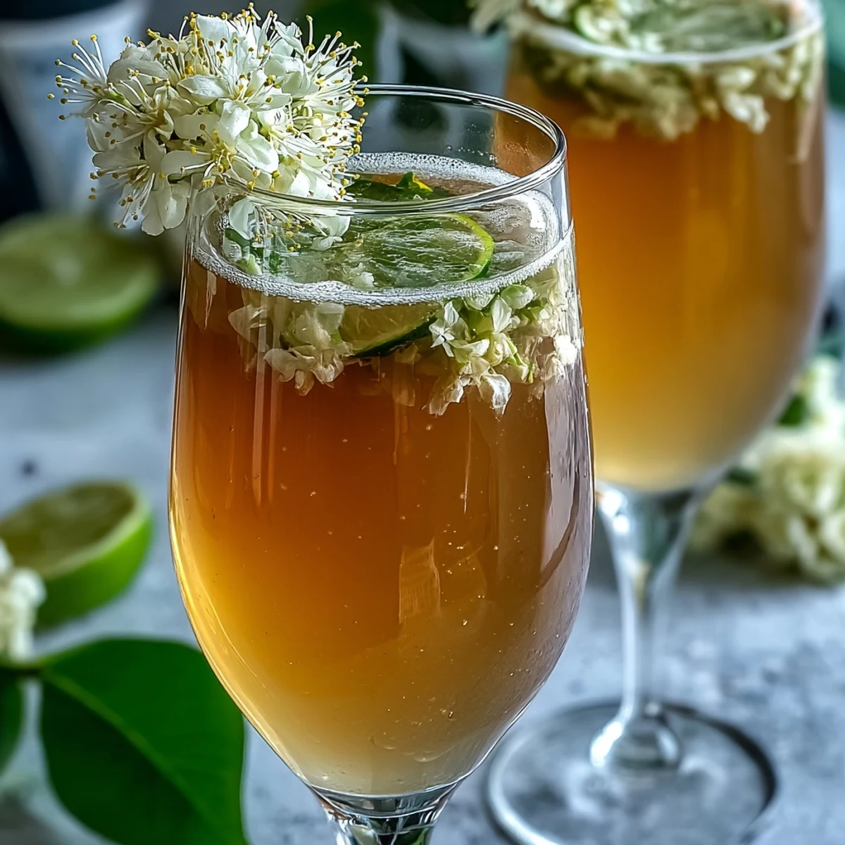 Glas Elderflower Guava Mimosa neben frischen Guavascheiben und Blüten für sommerliche Stimmung.