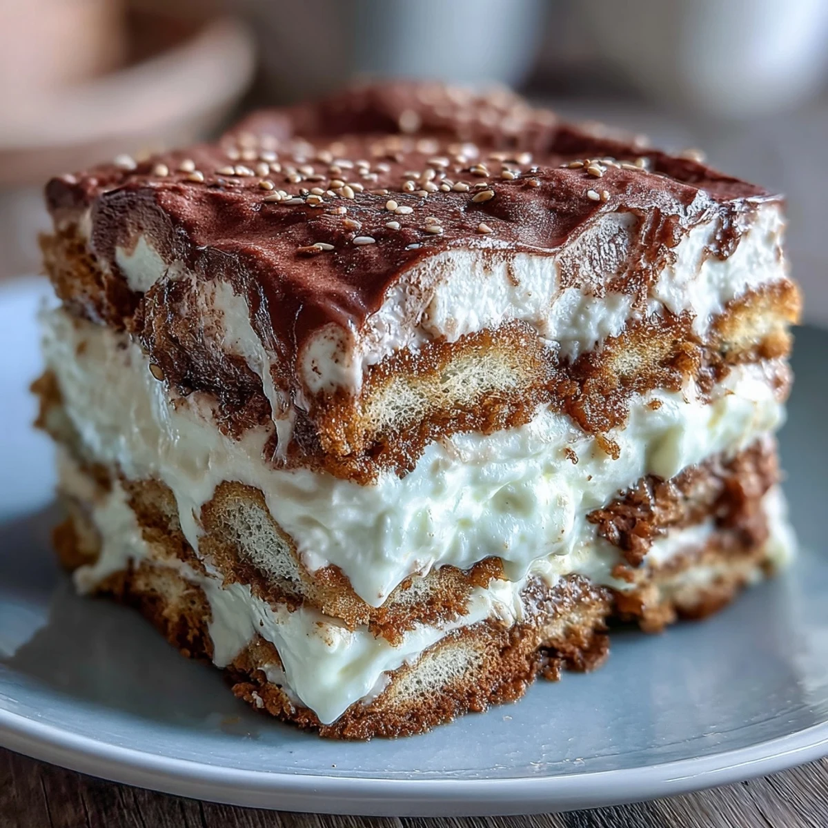 Gefrorenes Hojicha Tiramisu mit zarter Mascarponecreme und Kakaopulver, perfekt für Dessertliebhaber.