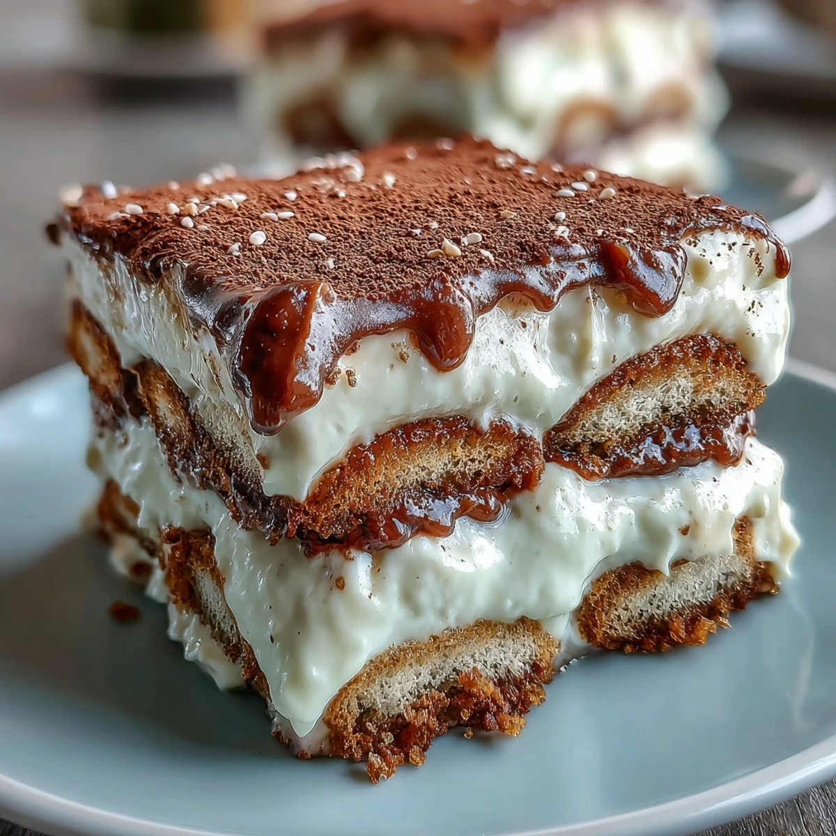 Hojicha Tiramisu, getaucht in aromatischem Tee-Sirup und cremig mit vanillehaltiger Mascarponecreme angerichtet.