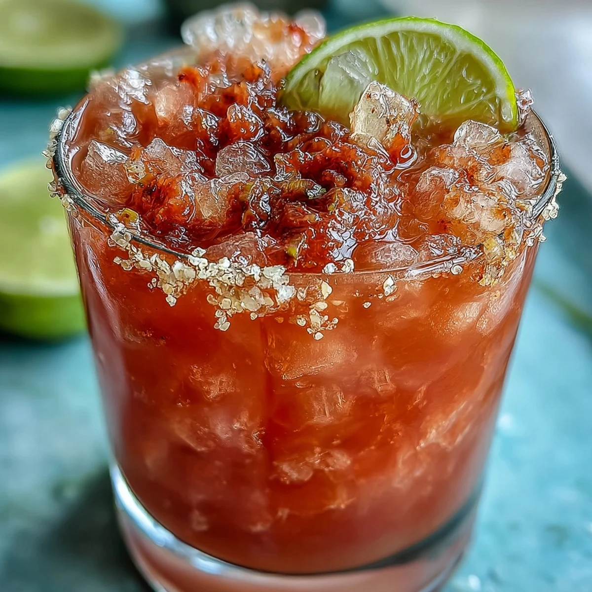 Tropische Guava Margarita in einem eisgekühlten Glas mit Tajín-Rand und Limettengarnitur.