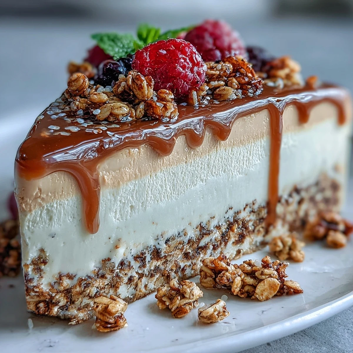 Serviert Hojicha Panna Cotta Parfait mit roten Früchten und knackigem Früchtemüsli auf dem Porzellanteller.