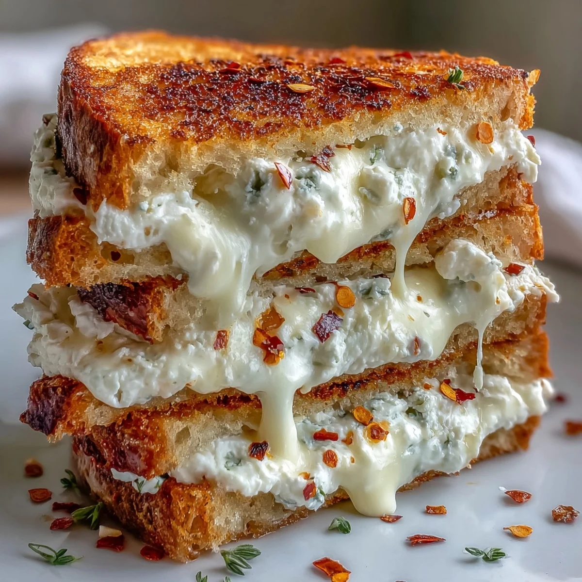 Goat Cheese Grilled Cheese with Honey & Chili Flakes auf knusprigem Sauerteigbrot, gefüllt mit cremigem Chèvre und einem Hauch Chili-Schärfe.