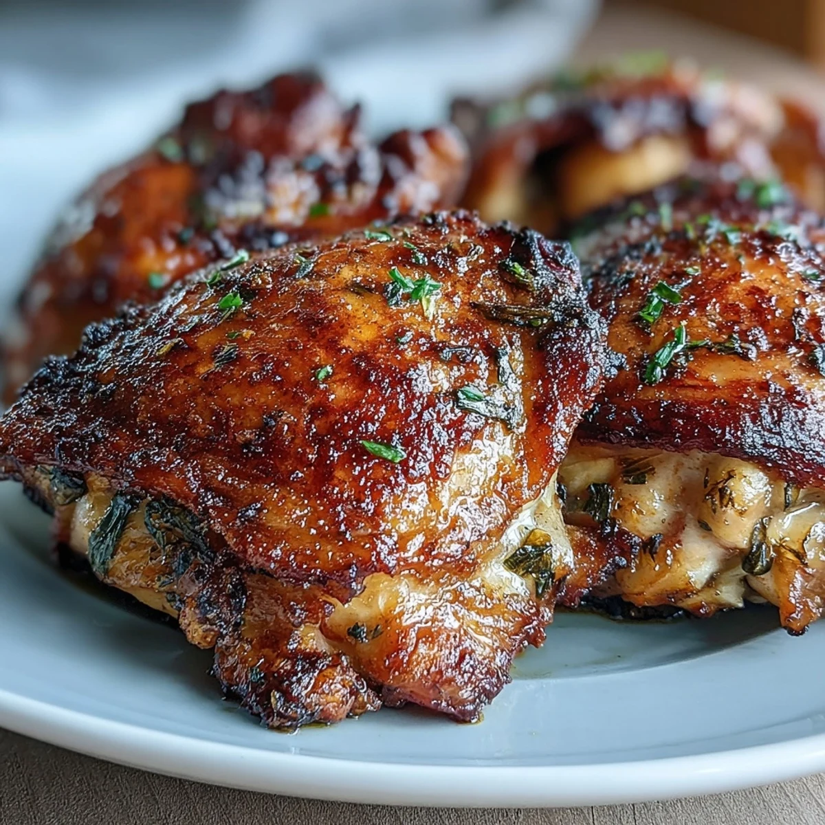 Goldene Crispy Baked Bone-In Chicken Thighs mit knuspriger Haut auf einem Teller garniert.