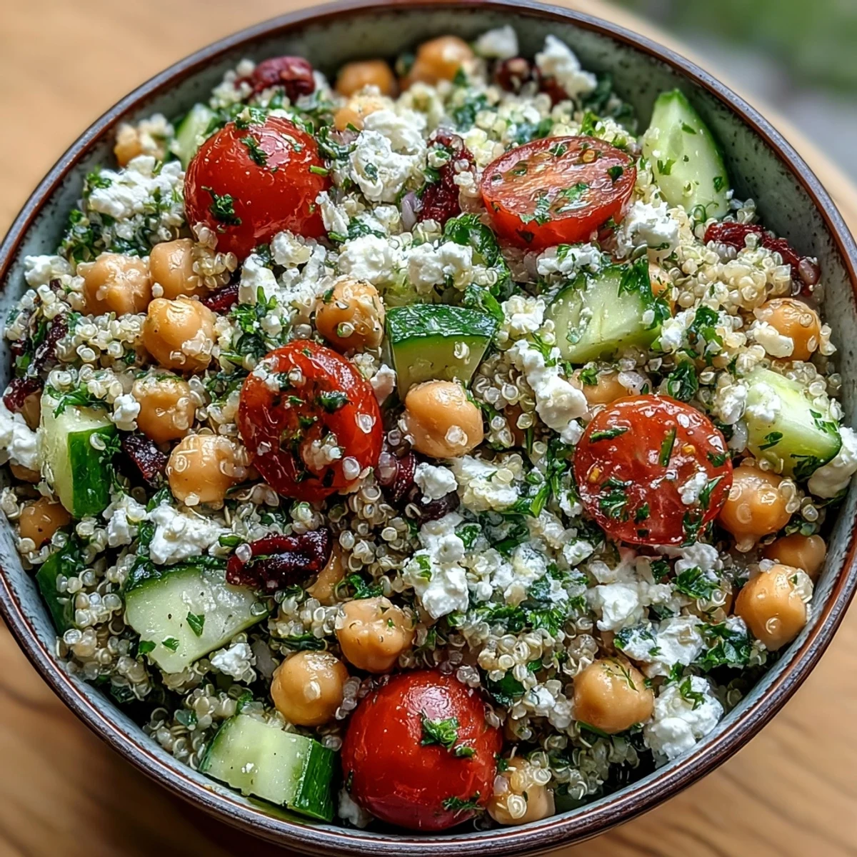 High Protein Quinoa & Chickpea Salad topped with creamy feta, juicy tomatoes, and fresh parsley.