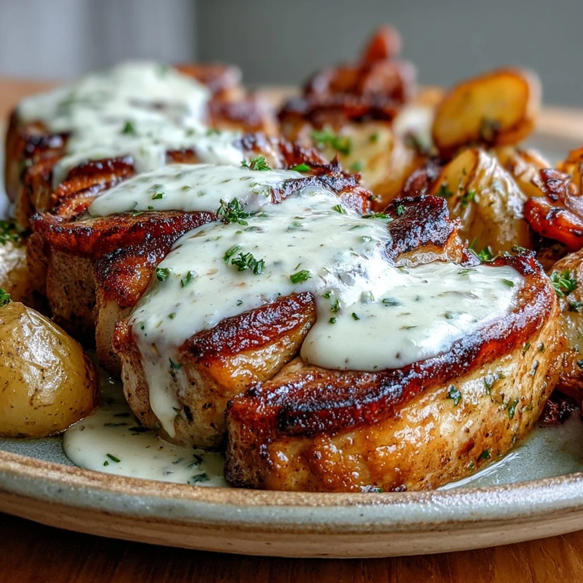 Golden seared Crockpot Ranch Pork Chops slow-cooked with potatoes in velvety ranch sauce, garnished with parsley.